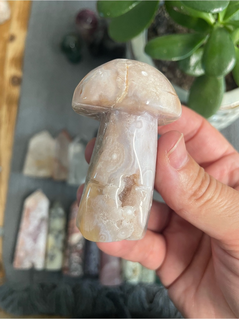Polished Agate Mushroom Sculpture - Neutral Cream & Tan. Flower agate